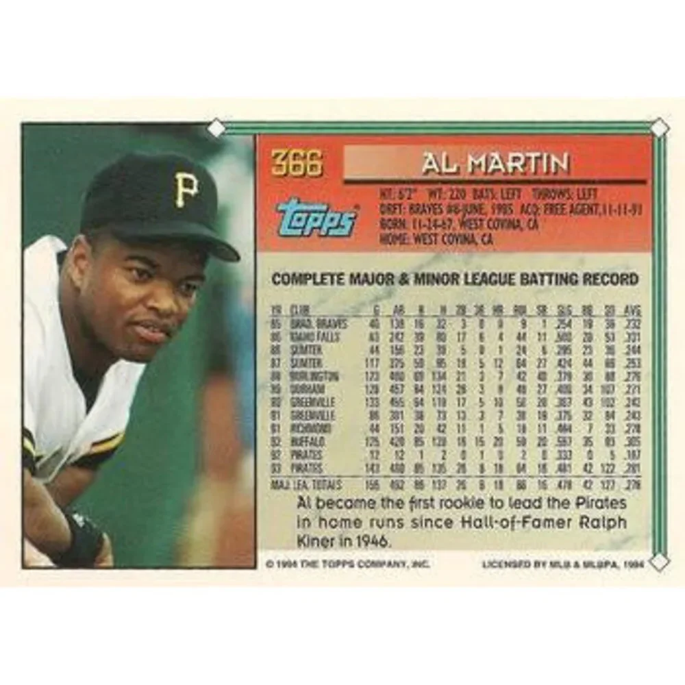 1994 Topps Al Martin # 366 Pittsburgh Pirates